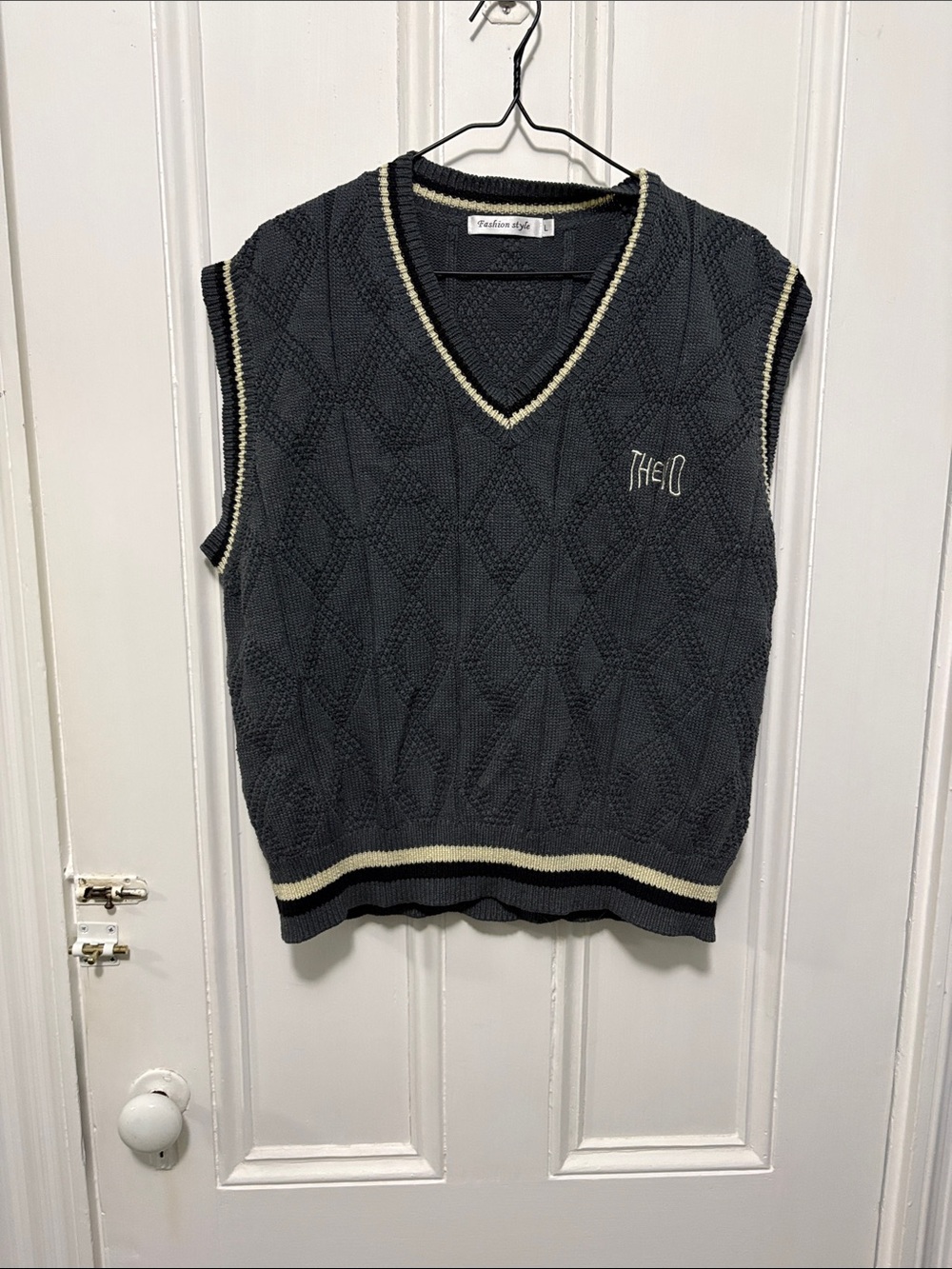 Charcoal V-Neck Knit Sweater Vest with Cream Trim -